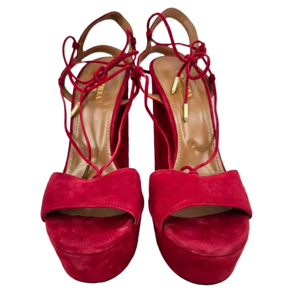 Aquazzura Austin Platform Sandal heels in Burgundy Suede